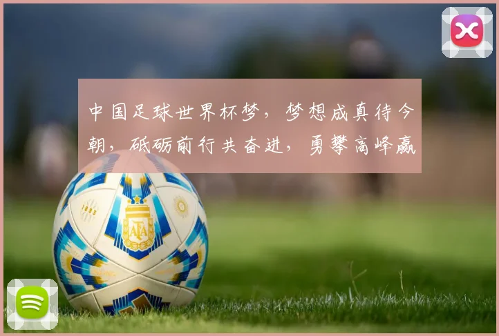 中国足球世界杯梦，梦想成真待今朝，砥砺前行共奋进，勇攀高峰赢未来。